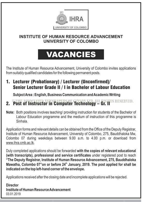 Lecturer, Senior Lecturer, Instructor in Computer Technology - University of Colombo